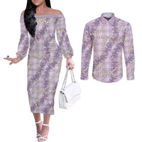 Pua Kalaunu Lei Couples Matching Off The Shoulder Long Sleeve Dress and Long Sleeve Button Shirt Palaka Pattern