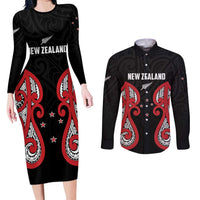 Custom Rugby New Zealand Couples Matching Long Sleeve Bodycon Dress and Long Sleeve Button Shirt Baby Black Go Champions LT01 Black - Polynesian Pride
