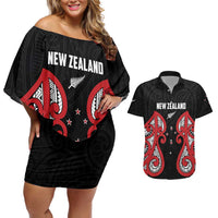 Custom Rugby New Zealand Couples Matching Off Shoulder Short Dress and Hawaiian Shirt Baby Black Go Champions LT01 Black - Polynesian Pride