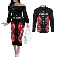 Custom Rugby New Zealand Couples Matching Off The Shoulder Long Sleeve Dress and Long Sleeve Button Shirt Baby Black Go Champions LT01 Black - Polynesian Pride