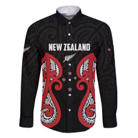 Custom Rugby New Zealand Family Matching Off The Shoulder Long Sleeve Dress and Hawaiian Shirt Baby Black Go Champions LT01 Dad's Shirt - Long Sleeve Black - Polynesian Pride