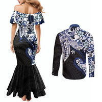Monstera Plumeria Flowers Blue Couples Matching Mermaid Dress and Long Sleeve Button Shirt Polynesian Pattern