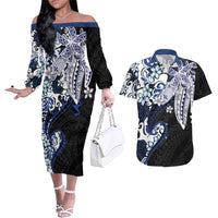 Monstera Plumeria Flowers Blue Couples Matching Off The Shoulder Long Sleeve Dress and Hawaiian Shirt Polynesian Pattern