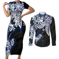 Monstera Plumeria Flowers Blue Couples Matching Short Sleeve Bodycon Dress and Long Sleeve Button Shirt Polynesian Pattern