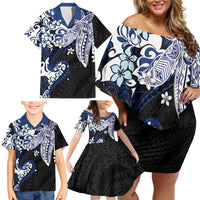 Monstera Plumeria Flowers Blue Family Matching Off Shoulder Short Dress and Hawaiian Shirt Polynesian Pattern