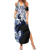 Monstera Plumeria Flowers Blue Family Matching Summer Maxi Dress and Hawaiian Shirt Polynesian Pattern