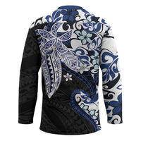 Monstera Plumeria Flowers Blue Hockey Jersey Polynesian Pattern