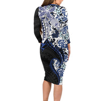Monstera Plumeria Flowers Blue Long Sleeve Bodycon Dress Polynesian Pattern