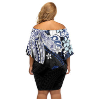Monstera Plumeria Flowers Blue Off Shoulder Short Dress Polynesian Pattern