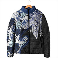 Monstera Plumeria Flowers Blue Padded Jacket Polynesian Pattern