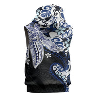 Monstera Plumeria Flowers Blue Sleeveless Hoodie Polynesian Pattern