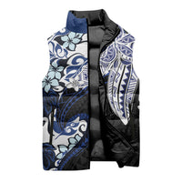 Monstera Plumeria Flowers Blue Sleeveless Puffer Jacket Polynesian Pattern