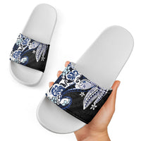 Monstera Plumeria Flowers Blue Slide Sandals Polynesian Pattern