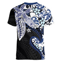 Monstera Plumeria Flowers Blue Women V-Neck T-Shirt Polynesian Pattern