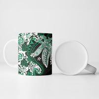 Monstera Plumeria Flowers Green Ceramic Mug Polynesian Pattern