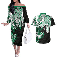 Monstera Plumeria Flowers Green Couples Matching Off The Shoulder Long Sleeve Dress and Hawaiian Shirt Polynesian Pattern