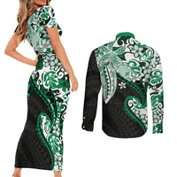 Monstera Plumeria Flowers Green Couples Matching Short Sleeve Bodycon Dress and Long Sleeve Button Shirt Polynesian Pattern