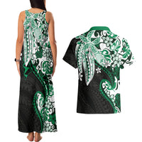 Monstera Plumeria Flowers Green Couples Matching Tank Maxi Dress and Hawaiian Shirt Polynesian Pattern