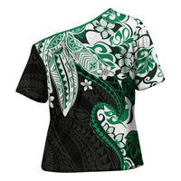Monstera Plumeria Flowers Green Cross Shoulder Shirt Polynesian Pattern