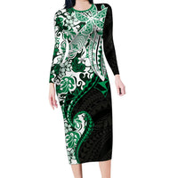 Monstera Plumeria Flowers Green Family Matching Long Sleeve Bodycon Dress and Hawaiian Shirt Polynesian Pattern LT01 Mom's Dress Green - Polynesian Pride