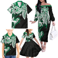 Monstera Plumeria Flowers Green Family Matching Off The Shoulder Long Sleeve Dress and Hawaiian Shirt Polynesian Pattern LT01 - Polynesian Pride