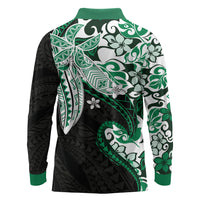 Monstera Plumeria Flowers Green Long Sleeve Polo Shirt Polynesian Pattern