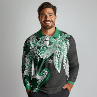 Monstera Plumeria Flowers Green Long Sleeve Polo Shirt Polynesian Pattern