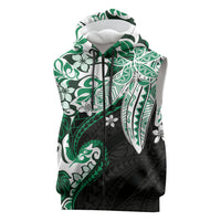 Monstera Plumeria Flowers Green Sleeveless Zip Hoodie Polynesian Pattern
