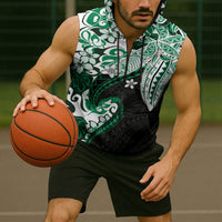Monstera Plumeria Flowers Green Sleeveless Zip Hoodie Polynesian Pattern