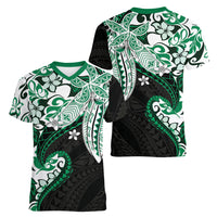 Monstera Plumeria Flowers Green Women V-Neck T-Shirt Polynesian Pattern