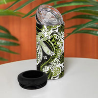 Monstera Plumeria Flowers Olive Green 4 in 1 Can Cooler Tumbler Polynesian Pattern