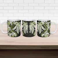 Monstera Plumeria Flowers Olive Green Ceramic Mug Polynesian Pattern