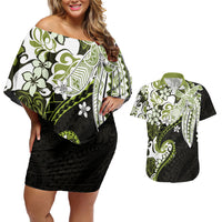 Monstera Plumeria Flowers Olive Green Couples Matching Off Shoulder Short Dress and Hawaiian Shirt Polynesian Pattern