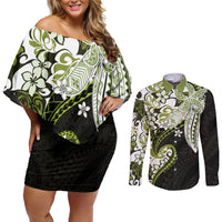 Monstera Plumeria Flowers Olive Green Couples Matching Off Shoulder Short Dress and Long Sleeve Button Shirt Polynesian Pattern