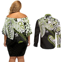 Monstera Plumeria Flowers Olive Green Couples Matching Off Shoulder Short Dress and Long Sleeve Button Shirt Polynesian Pattern