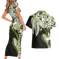Monstera Plumeria Flowers Olive Green Couples Matching Short Sleeve Bodycon Dress and Hawaiian Shirt Polynesian Pattern