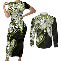Monstera Plumeria Flowers Olive Green Couples Matching Short Sleeve Bodycon Dress and Long Sleeve Button Shirt Polynesian Pattern