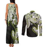 Monstera Plumeria Flowers Olive Green Couples Matching Tank Maxi Dress and Long Sleeve Button Shirt Polynesian Pattern