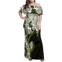 Monstera Plumeria Flowers Olive Green Family Matching Off Shoulder Maxi Dress and Hawaiian Shirt Polynesian Pattern