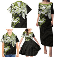 Monstera Plumeria Flowers Olive Green Family Matching Puletasi and Hawaiian Shirt Polynesian Pattern