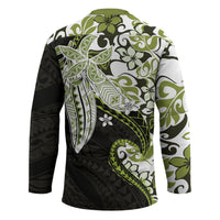 Monstera Plumeria Flowers Olive Green Hockey Jersey Polynesian Pattern