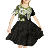 Monstera Plumeria Flowers Olive Green Kid Short Sleeve Dress Polynesian Pattern