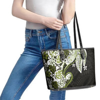 Monstera Plumeria Flowers Olive Green Leather Tote Bag Polynesian Pattern