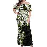 Monstera Plumeria Flowers Olive Green Off Shoulder Maxi Dress Polynesian Pattern