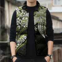 Monstera Plumeria Flowers Olive Green Sleeveless Puffer Jacket Polynesian Pattern