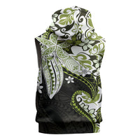 Monstera Plumeria Flowers Olive Green Sleeveless Zip Hoodie Polynesian Pattern