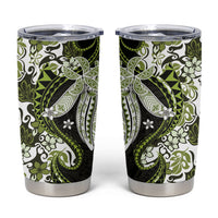 Monstera Plumeria Flowers Olive Green Tumbler Cup Polynesian Pattern