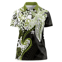 Monstera Plumeria Flowers Olive Green Women Polo Shirt Polynesian Pattern