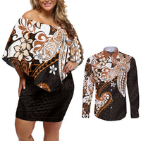 Monstera Plumeria Flowers Orange Couples Matching Off Shoulder Short Dress and Long Sleeve Button Shirt Polynesian Pattern