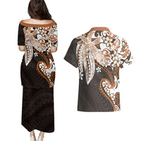 Monstera Plumeria Flowers Orange Couples Matching Puletasi and Hawaiian Shirt Polynesian Pattern